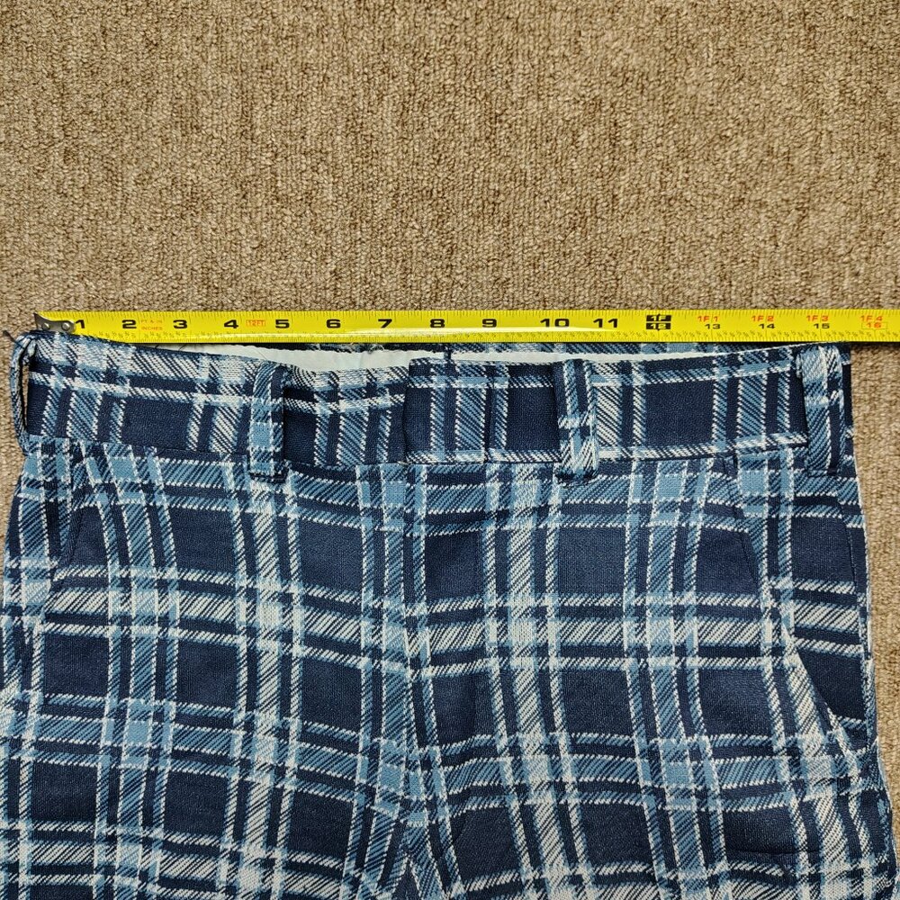 VINTAGE PLAID PANTS Men 31x32 Blue Polyester Flare Leg Slacks Retro Disco Style - Picture 5 of 8